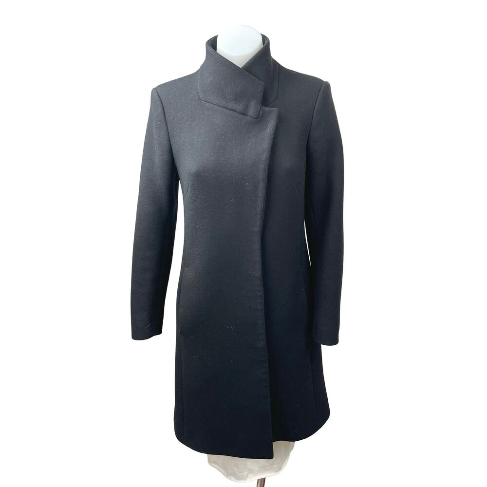 Reiss Mia Wool Women's Black Long Sleeve Stand Up Collar Wrap Over Coat Jacket 4